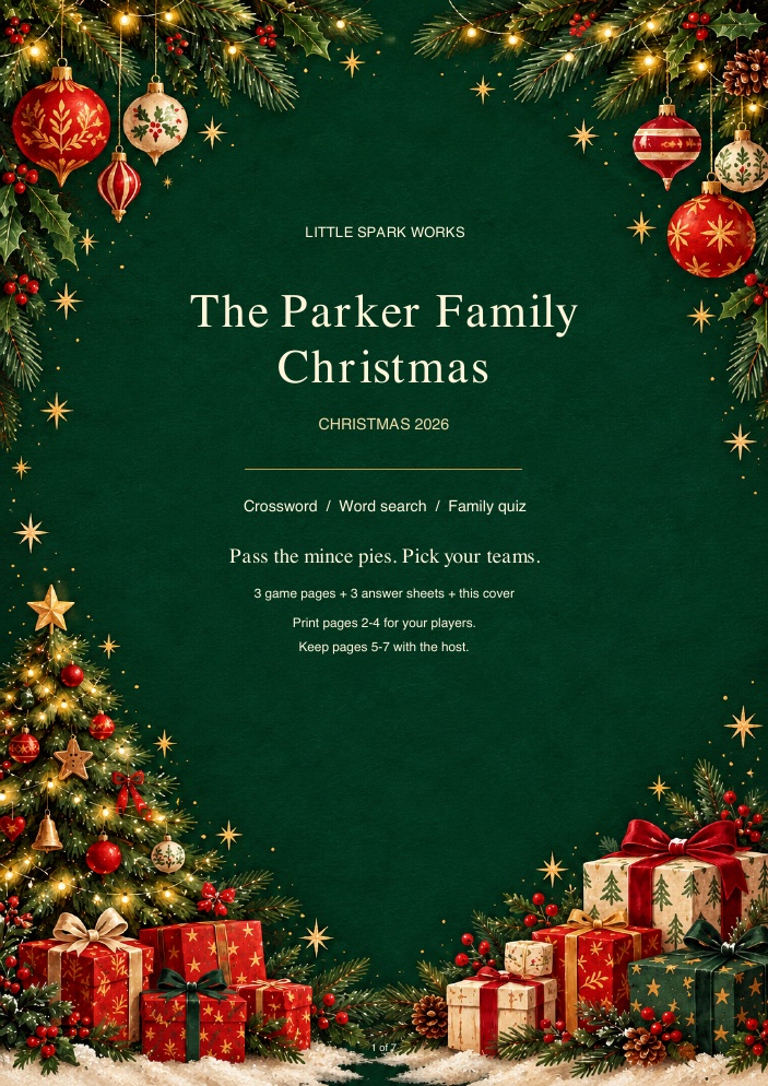 Actual Fireside Christmas PDF cover for the fictional Parker family