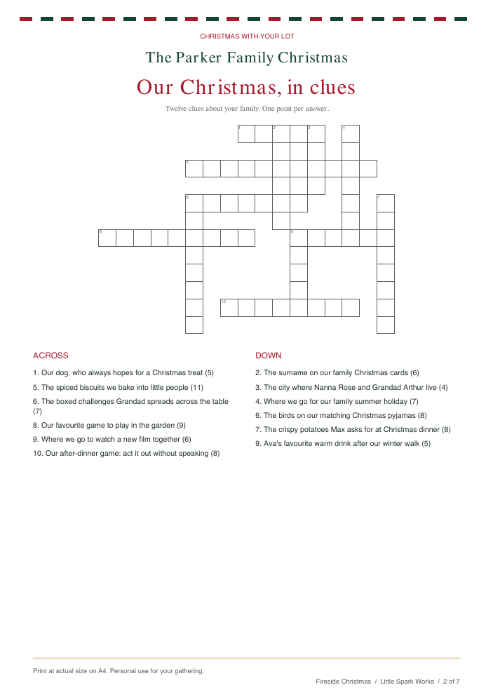 Fireside Christmas theme: a real 12-clue crossword from the fictional Parker example