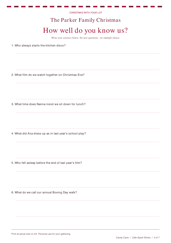 Candy Cane theme: a real six-question family quiz from the fictional Parker example