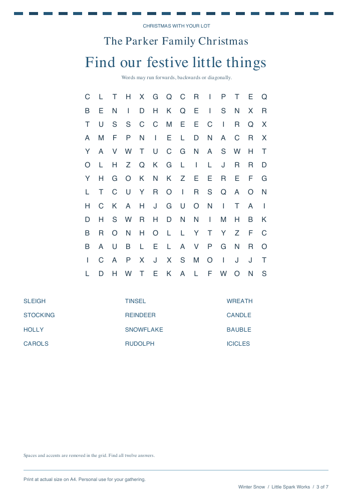 Winter Snow theme: a real printable word search from the fictional Parker example