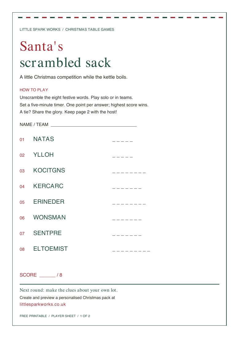 Santa’s Scrambled Sack player sheet: eight festive anagrams, instructions and space for answers